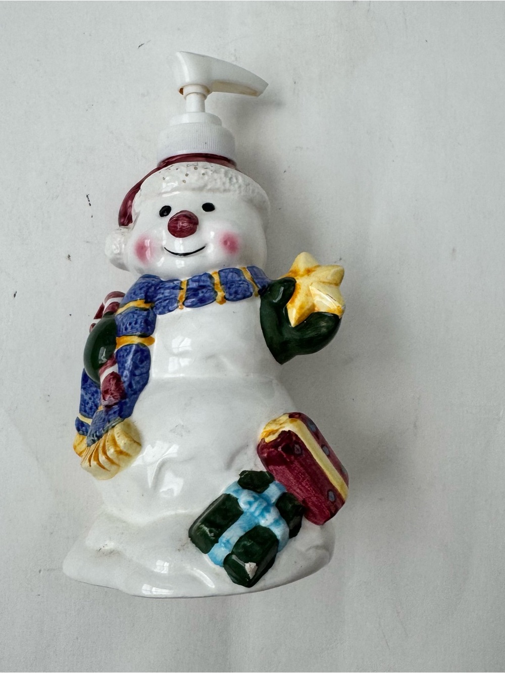 Ceramic Snowman Soap Lotion Dispenser Scarf Presents Christmas Winter Bath Decor